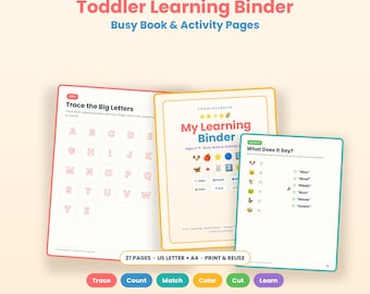 Toddler Busy Book Printable, Quiet Book, Montessori Toddler Learning Binder, 27 Pages, Color + Ink-Saver, Ages 2-5 PDF