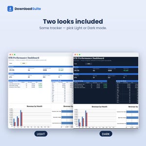May include: A digital STR Performance Dashboard template featuring two visual themes, light and dark mode. The interface displays revenue, occupancy, and net income data with bar charts and tables. Text includes DownloadSuite, Two looks included, Same tracker &mdash; pick Light or Dark mode, and STR Performance Dashboard.