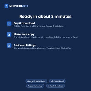 May include: A dark blue digital graphic titled DownloadSuite with white text explaining a three-step process: Buy & download, Make your copy, and Add your listings. It mentions Google Sheets, Excel, phone, and desktop compatibility.