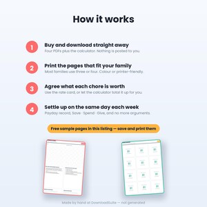 May include: An instructional graphic titled How it works with four numbered steps for a digital chore system. It includes text about downloading four PDFs and a calculator, printing pages, agreeing on chore values, and settling up weekly. Two sample pages are shown.
