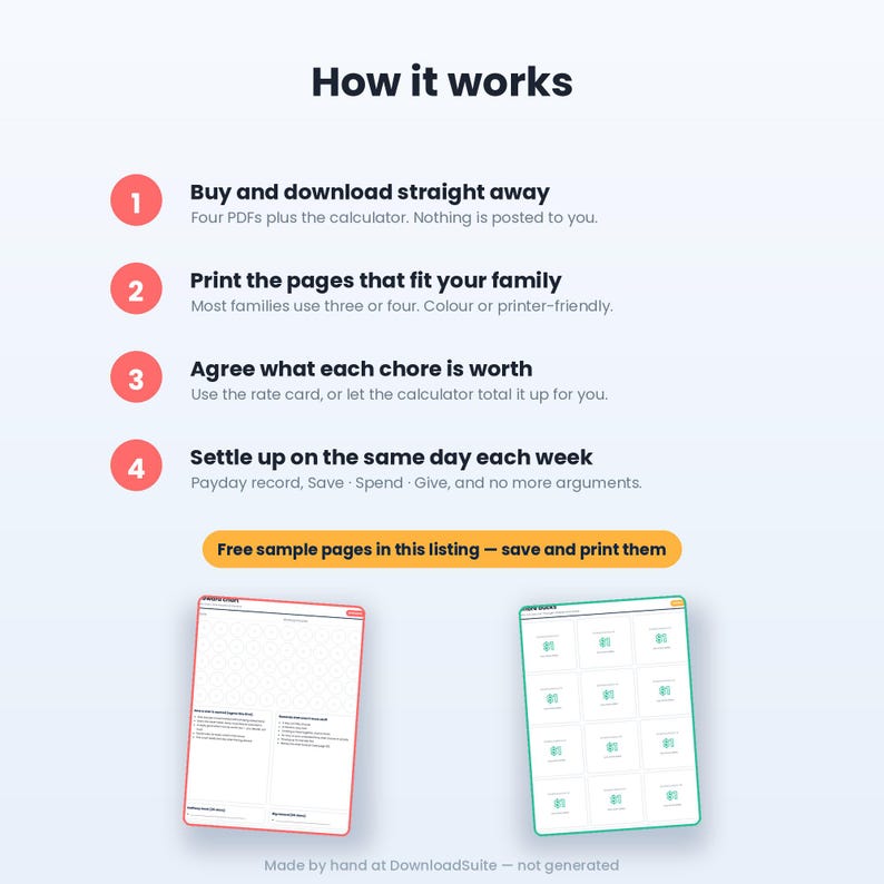 May include: An instructional graphic titled How it works with four numbered steps for a digital chore system. It includes text about downloading four PDFs and a calculator, printing pages, agreeing on chore values, and settling up weekly. Two sample pages are shown.