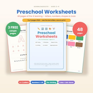 Puede incluir: Un conjunto de hojas de trabajo preescolares descargables para ni&ntilde;os de 3 a 5 a&ntilde;os, con 48 p&aacute;ginas de contenido educativo que incluye trazo de letras, n&uacute;meros del 1 al 20, formas, colores y actividades de preescritura.