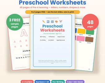 Preschool Worksheets Bundle, 48 Pre-K & Kindergarten Printables, Alphabet Tracing, Numbers, Color + Ink-Saver, Homeschool Activity Pack PDF