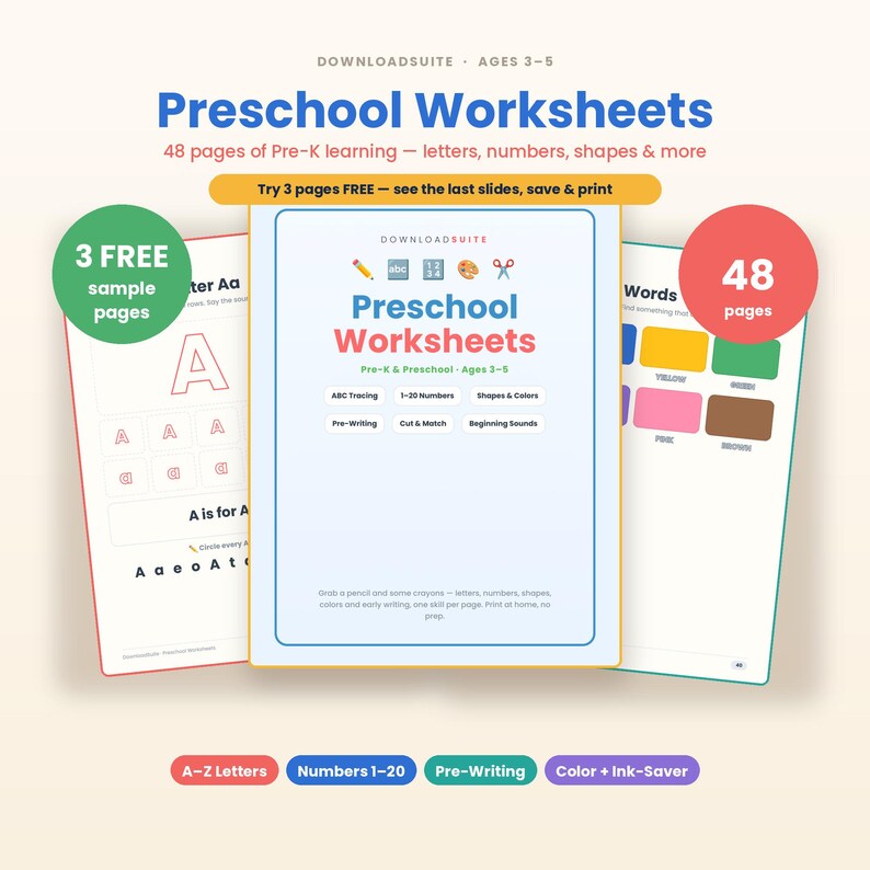 Puede incluir: Un conjunto de hojas de trabajo preescolares descargables para ni&ntilde;os de 3 a 5 a&ntilde;os, con 48 p&aacute;ginas de contenido educativo que incluye trazo de letras, n&uacute;meros del 1 al 20, formas, colores y actividades de preescritura.