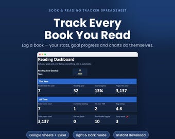Foglio di calcolo per il monitoraggio dei libri, Fogli Google e Excel per il monitoraggio della lettura / Registro di lettura, Elenco TBR, Monitoraggio delle serie di libri, Modalità chiara e scura