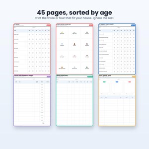 May include: A digital collection of 45 printable chore chart pages, sorted by age, featuring various layouts including weekly trackers, cut-out chore cards with icons, allowance ledgers, family chore rosters, and save-spend-give financial planning sheets.