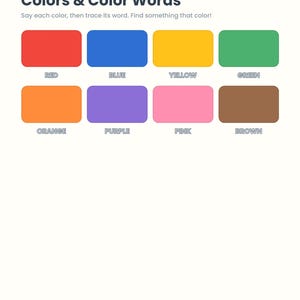 Puede incluir: Una hoja de trabajo educativa titulada Colors & Color Words que presenta ocho rect&aacute;ngulos de colores en rojo, azul, amarillo, verde, naranja, morado, rosa y marr&oacute;n. Cada rect&aacute;ngulo tiene el nombre del color en may&uacute;sculas debajo.
