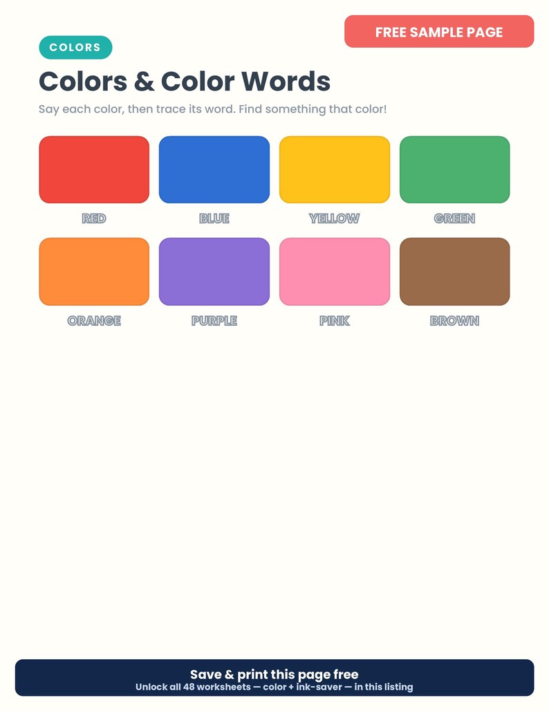 Puede incluir: Una hoja de trabajo educativa titulada Colors & Color Words que presenta ocho rect&aacute;ngulos de colores en rojo, azul, amarillo, verde, naranja, morado, rosa y marr&oacute;n. Cada rect&aacute;ngulo tiene el nombre del color en may&uacute;sculas debajo.