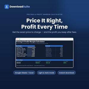 May include: A digital pricing and profit margin calculator spreadsheet interface displayed on a dark blue background. The tool features columns for product costs, labor, and fees, with calculated fields for unit cost, suggested price, and profit margin.