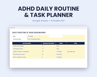 Feuille de calcul pour la routine quotidienne et le planning des tâches des personnes atteintes de TDAH : gestion du temps, suivi des habitudes de concentration et modèles imprimables pour Google Sheets