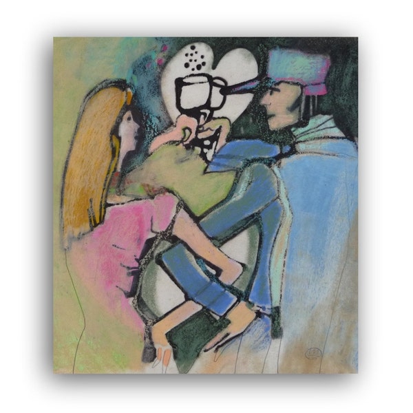 RESERVED 4 PAM - Abstract Original Painting, Couple man woman love romantic gift oil pastel ink illustration modern art