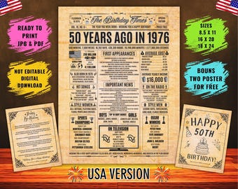 Back in 1976 Newspaper Fun Facts, 50 Years Birthday, 50th Birthday Newspaper 1976, 1976 Birthday Newspaper Poster, Printable JPG PDF