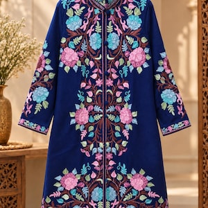 Kashmiri Embroidered Long Jacket, Handmade Aari Work Coat, Traditional Kashmir Woolen Jacket, Floral Embroidery Women’s Jacket