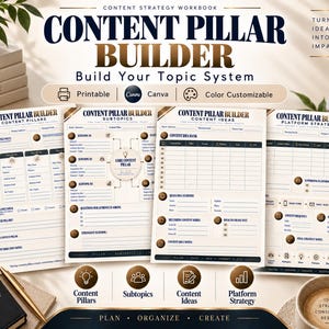 May include: A Content Pillar Builder workbook featuring four printable pages with sections for content pillars, subtopics, content ideas, and platform strategy. The pages include text, icons, and tables in a beige and dark blue color scheme.
