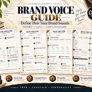 May include: A four-page printable Brand Voice Guide template featuring sections for brand tone, language, personality, and messaging rules. The document includes headers, checkboxes, and text fields in a neutral color palette with dark blue text.