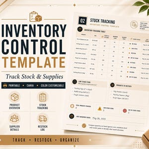 Könnte beinhalten: Eine Bestandsverwaltungsvorlage mit einer Bestandsverfolgungstabelle, Produktübersicht und Abschnitten für Nachbestellungsprotokolle. Die Seite enthält Textüberschriften wie Inventory Control Template und Listen von Artikeln mit Lagerstatus.