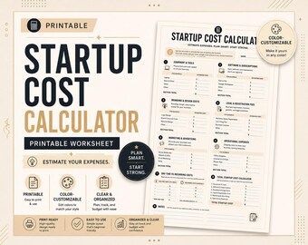Startup Cost Calculator • Printable Expense Estimator • Business Budget Worksheet • Color‑Customizable Canva