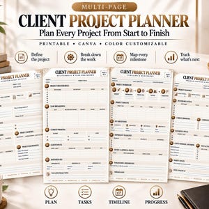 Peut inclure: Un planificateur de projet client multi-pages comprenant quatre mises en page distinctes avec des sections pour l'aperçu du projet, les livrables, la répartition des tâches, le calendrier, les jalons et le suivi des progrès, dans un design épuré.
