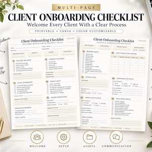May include: A two-page client onboarding checklist document with sections for workflow, project setup, assets, and communication. The white paper features black text, checkboxes, and beige accents. It includes the headings Client Onboarding Checklist, Welcome Every Client With a Clear Process, Printable, Canva, and Colour Customizable.