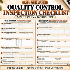 Peut inclure: Une fiche de contrôle qualité et de suivi des défauts en deux pages. Le document comprend des sections pour l'aperçu de l'inspection, l'identification des articles, les critères, les listes de contrôle et les plans d'action corrective.