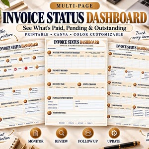 May include: A multi-page invoice status dashboard template featuring three distinct printable sheets with gold and white colour schemes. The documents include sections for invoice snapshots, payment records, and status tracking with clear headers and tables.