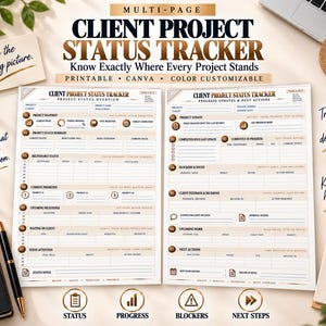 May include: A multi-page client project status tracker template featuring two white sheets with gold accents. The text includes Client Project Status Tracker, Project Status Overview, and Progress Updates & Next Actions. It contains sections for project snapshots, status summaries, deliverables, priorities, milestones, and action items.