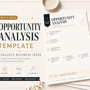 May include: A multi-page opportunity analysis template for evaluating business ideas. The document features sections for target audience, problem being solved, and customer needs. It includes icons for printing, Canva, and customization options.