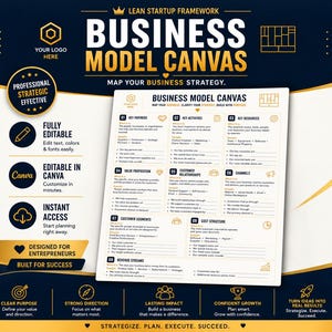 May include: A Business Model Canvas template featuring a dark blue and gold design. The document includes nine sections: Key Partners, Key Activities, Key Resources, Value Proposition, Customer Relationships, Channels, Customer Segments, Cost Structure, and Revenue Streams.