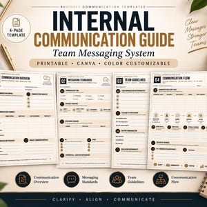 May include: A four-page internal communication guide template featuring sections for communication overview, messaging standards, team guidelines, and communication flow. The document includes fields for team messaging systems, printable, and color customizable.