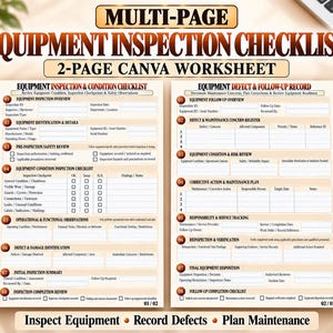 May include: A two-page equipment inspection checklist worksheet featuring sections for inspection overview, identification, safety review, condition checklist, operational observations, defect identification, and final disposition.