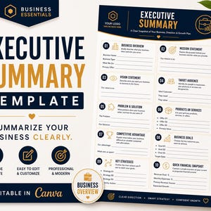 May include: A printable executive summary template featuring a dark blue and gold colour scheme. The document includes sections for business overview, mission statement, vision, target audience, and financial snapshots with clear headings and icons.