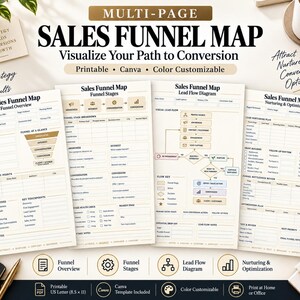 May include: A multi-page sales funnel map template featuring four distinct documents titled Sales Funnel Map. The pages include sections for funnel overview, funnel stages, lead flow diagrams, and nurturing and optimisation plans with text.