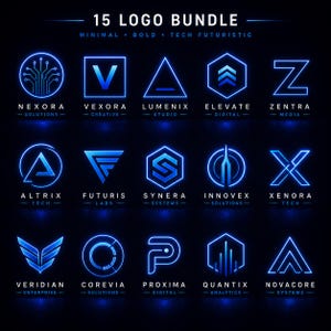 May include: A collection of 15 neon blue glowing logos arranged in a grid on a dark background. Each logo features geometric shapes and lines with company names like Nexora, Vexora, Lumenix, Elevate, Zentra, Altrix, Futuris, Synera, Innovex, Xenora, Veridian, Corevia, Proxima, Quantix, and Novacore.
