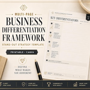 May include: A multi-page business differentiation framework strategy template with black text on a cream background. The document features sections for key differentiators, unique strengths, signature elements, customer benefits, and proof points.