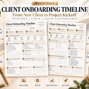 May include: A two-page client onboarding timeline template featuring sections for welcome, early onboarding, setup, and project kickoff. The document includes fields for client details, milestones, asset collection, and communication setup in a neutral colour palette.