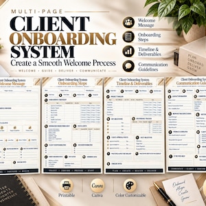 Könnte beinhalten: Ein vierteiliges Vorlagenset für ein Kunden-Onboarding-System im US-Letter-Format, 8,5 mal 11 Zoll. Die Dokumente enthalten Abschnitte für Begrüßungsnachrichten, Onboarding-Schritte, Zeitpläne, Liefergegenstände und Kommunikationsrichtlinien in einem professionellen Layout.
