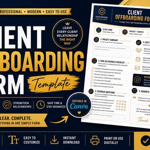 Könnte beinhalten: Eine digitale Vorlage für ein Client-Offboarding-Formular in Dunkelblau und Gold. Das Dokument enthält Abschnitte für eine Projektzusammenfassung, eine Checkliste für Ergebnisse und Feedback-Fragen mit dem Text Client Offboarding Form.