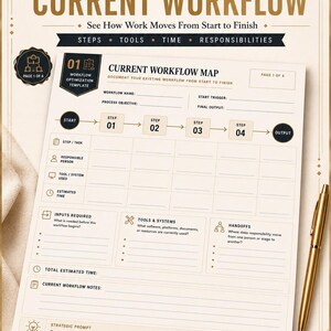 May include: A printed workflow optimization template titled Map Your Current Workflow, featuring sections for process objectives, steps, tasks, tools, and handoffs. The document includes a gold pen and is labeled as page 1 of 4 for documentation.