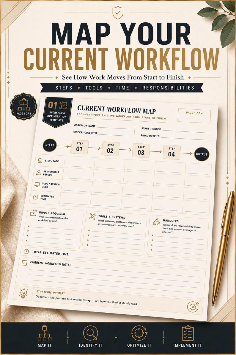 May include: A printed workflow optimization template titled Map Your Current Workflow, featuring sections for process objectives, steps, tasks, tools, and handoffs. The document includes a gold pen and is labeled as page 1 of 4 for documentation.