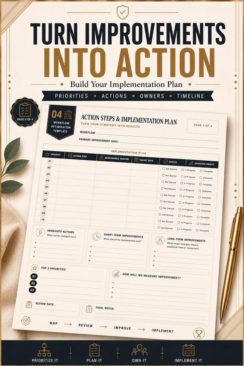 May include: A workflow optimization template titled Action Steps & Implementation Plan, page 4 of 4. The document features sections for priorities, action steps, responsible persons, target dates, status, and expected impact, alongside a gold pen.
