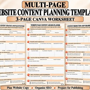 Puede incluir: Una plantilla de planificación de contenido de sitio web de tres páginas para Canva. El documento incluye secciones para estrategia, inventario de páginas, objetivos de audiencia, producción de contenido y planificación de SEO.