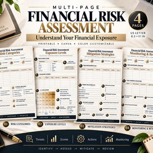 Puede incluir: Un conjunto de documentos de evaluación de riesgos financieros de cuatro páginas con secciones para categorías de riesgo, niveles de exposición, estrategias de mitigación y seguimiento, en formato de 21,59 por 27,94 cm.