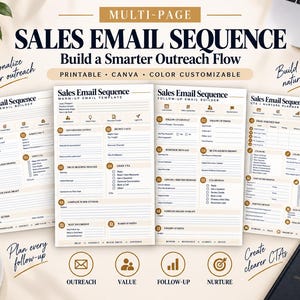 May include: A multi-page sales email sequence template set featuring four distinct printable documents with sections for outreach, warm-up, follow-up, and nurture planning. The pages include numbered steps, checkboxes, and text fields for email strategy.