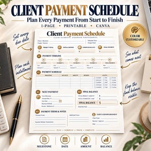 May include: A printable Client Payment Schedule template featuring sections for project totals, payment timelines, schedules, and final balances. The document includes fields for milestones, due dates, payment methods, and notes, with a professional layout.