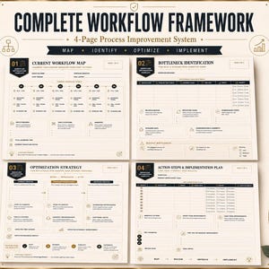 May include: A four-page workflow framework document titled Complete Workflow Framework, featuring sections for Current Workflow Map, Bottleneck Identification, Optimization Strategy, and Action Steps & Implementation Plan with a gold pen.