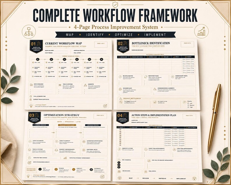 May include: A four-page workflow framework document titled Complete Workflow Framework, featuring sections for Current Workflow Map, Bottleneck Identification, Optimization Strategy, and Action Steps & Implementation Plan with a gold pen.