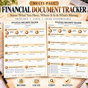 May include: A multi-page financial document tracker template featuring two white sheets with gold accents. The text includes 'FINANCIAL DOCUMENT TRACKER', 'Know What You Have, Where It Is & What's Missing', 'PRINTABLE', 'CANVA', and 'COLOR CUSTOMIZABLE'.