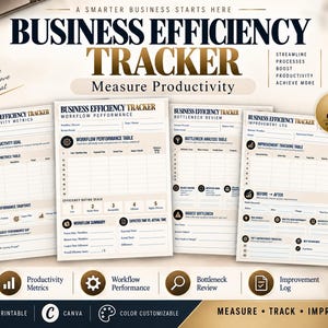 May include: A four-page Business Efficiency Tracker set on US Letter 8.5 x 11 inch paper. The printable documents feature sections for productivity metrics, workflow performance, bottleneck review, and an improvement log with tables and charts.