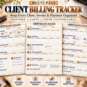 Peut inclure: Un modèle de suivi de facturation client multipage comprenant des sections pour l'aperçu de la facturation, les journaux de factures et de paiements, et les soldes impayés. Le document affiche les titres Client Billing Tracker, printable, Canva et color customizable.