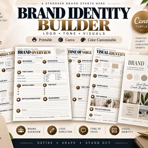 May include: A digital brand identity builder template set featuring multiple pages for logo direction, brand overview, tone of voice, and visual identity. The documents include sections for mission, target audience, and color palettes with a neutral aesthetic.